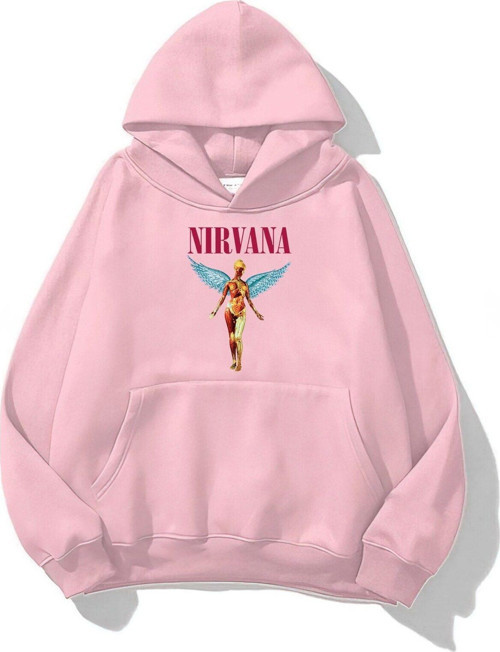 Kapüşonlu Içi Polar Nirvana Angel Baskılı Pembe Unisex Hoodie Sweatshirt