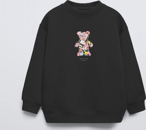 Siyah Çocuk Çiçekli Ayıcık Baskılı Bisiklet Yaka Oversize Sweatshirt