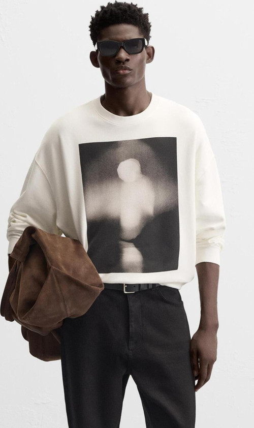 Beyaz Gölge Figür Detaylı Baskılı Bisiklet Yaka Oversize Sweatshirt