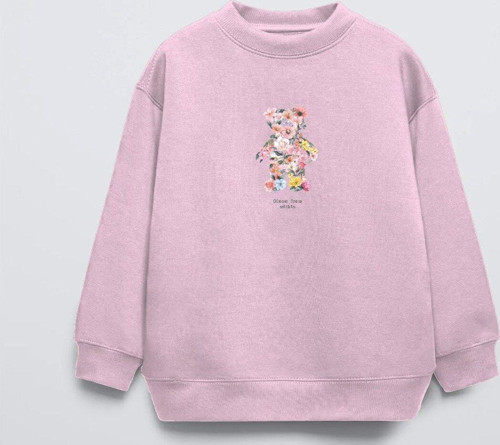 Pembe Çocuk Çiçekli Ayıcık Baskılı Bisiklet Yaka Oversize Sweatshirt