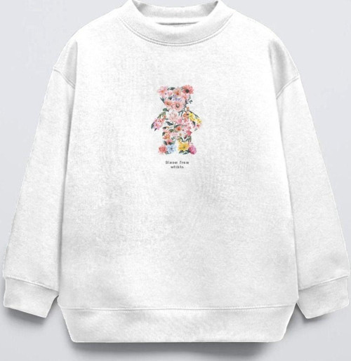 Beyaz Çocuk Çiçekli Ayıcık Baskılı Bisiklet Yaka Oversize Sweatshirt