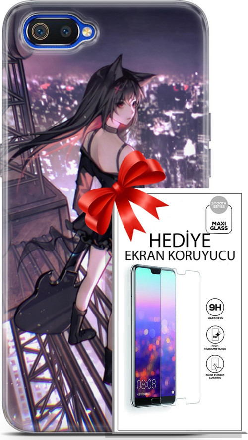 Realme C2 Kılıf Orijinal Seri Fantasy 20 Anime Çatıda Renkli Kılıf Ekran Koruyucu
