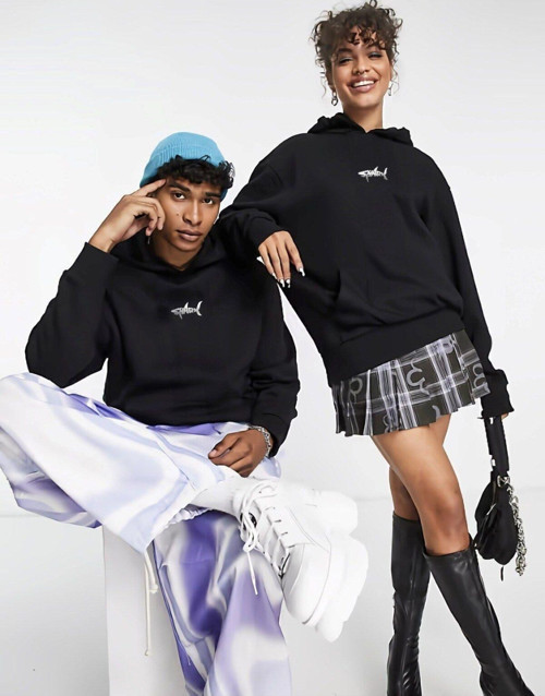 Kapüşonlu Içi Polar Shark Baskılı Siyah Oversize Hoodie Sweatshirt