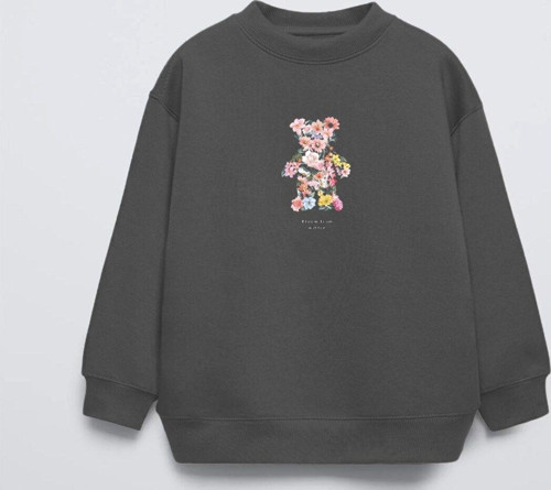 Füme Çocuk Çiçekli Ayıcık Baskılı Bisiklet Yaka Oversize Sweatshirt