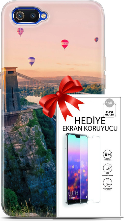 Realme C2 Kılıf Orijinal Seri Fantasy 07 Köprü Balonlar Desenli Kılıf + Ön Ekran Koruyucu