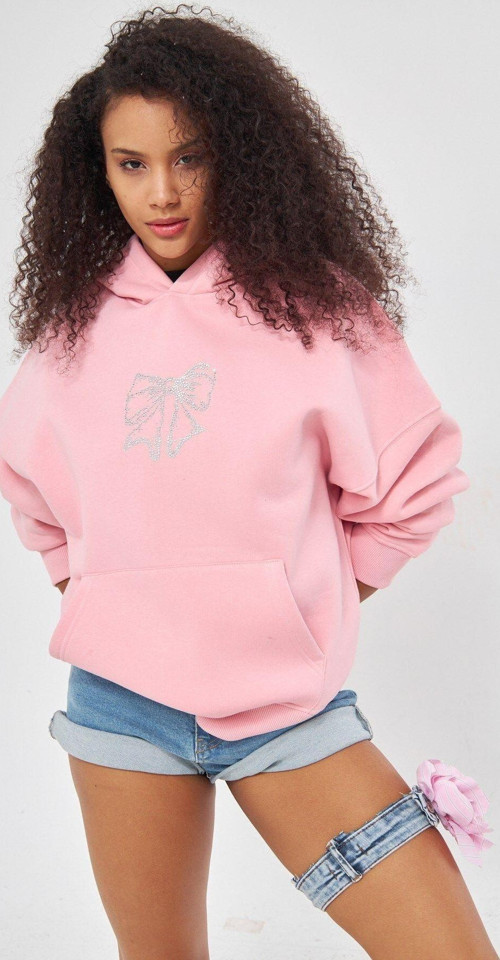 Fiyonk Desen Taş Baskılı Kapüşonlu İçi Polar Oversize Pembe Sweatshirt
