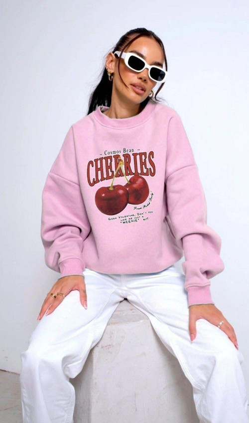 Bisiklet Yaka İçi Polar Cherries Baskılı Pembe Oversize Sweatshirt