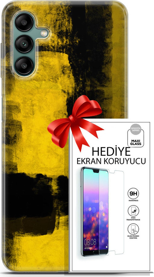 Samsung Galaxy A04S Kılıf Orijinal Seri Nature 08 Sarı Siyah Baskılı Kılıf + Ekran Koruyucu