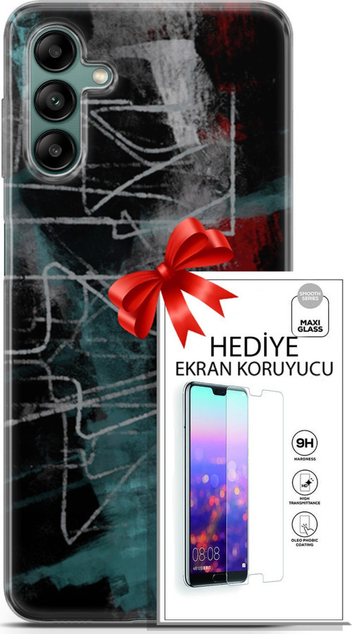 Samsung Galaxy A04S Kılıf Orijinal Seri Nature 07 Gri Çizgiler Desenli Kılıf + Ön Ekran Koruyucu