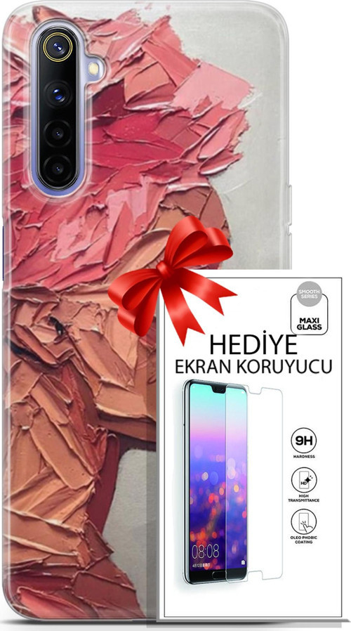 Realme 6 Kılıf Orijinal Seri Soul 08 Pembe Baskılı Kılıf + Ekran Koruyucu
