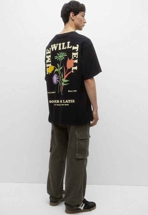 Sooner Or Later Yazılı Lale Tasarım Baskılı Oversize Siyah Erkek T-Shirt