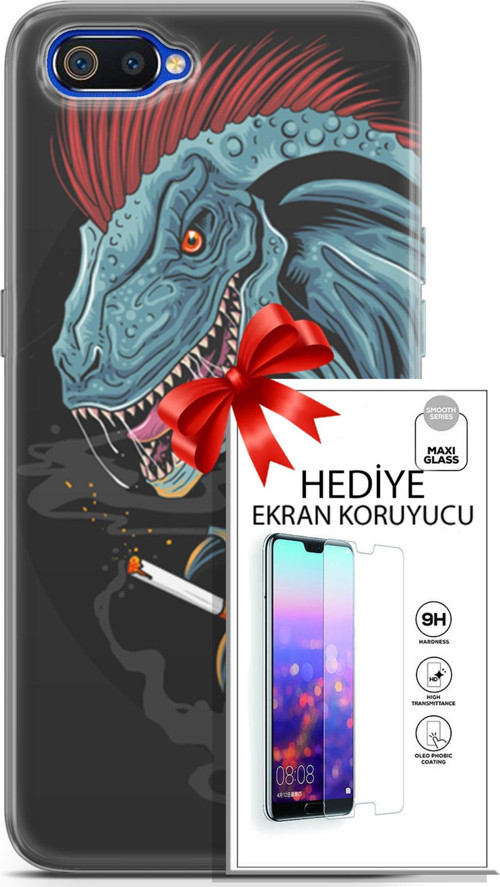 Realme C2 Kılıf Orijinal Seri Punky 19 Dinozor Punk Tam Koruma Kılıf + Ekran Koruyucu