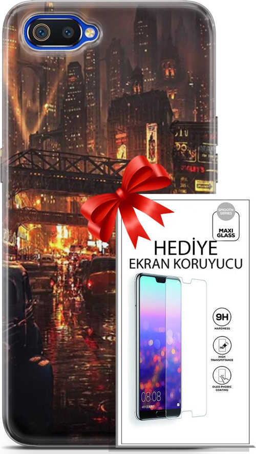 Realme C2 Kılıf Orijinal Seri Cyberpunk 23 Gökdelenler Telefon Kabı Ve Ekran Koruyucu