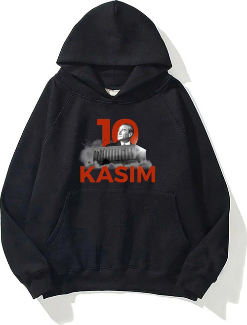 Kapüşonlu Içi Polar Kemal Atatürk 10 Kasım Baskılı Siyah Unisex Sweatshirt