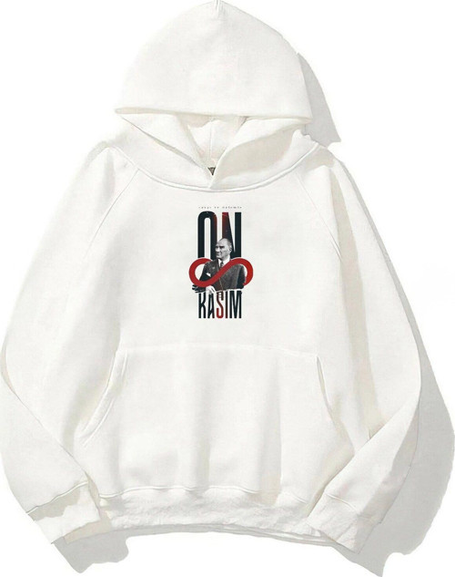 Kapüşonlu Içi Polar Kemal Atatürk 10 Kasım Baskılı Beyaz Unisex Hoodie Sweatshirt