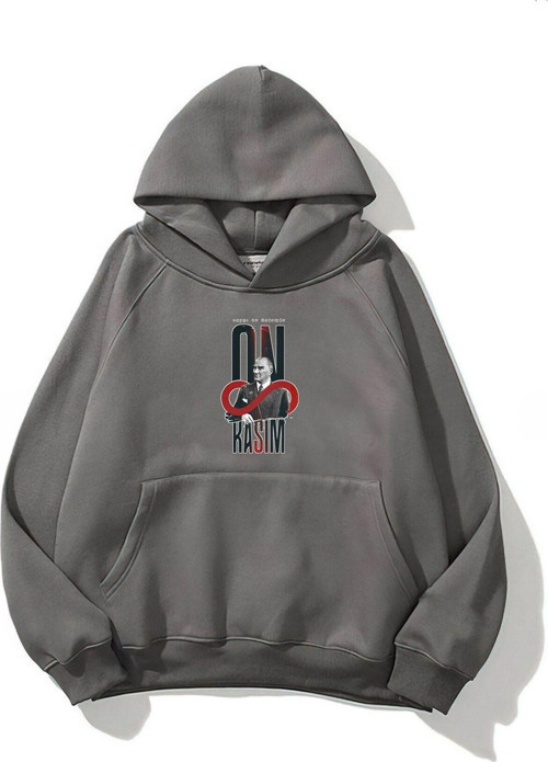 Kapüşonlu Içi Polar Kemal Atatürk 10 Kasım Baskılı Füme Unisex Sweatshirt