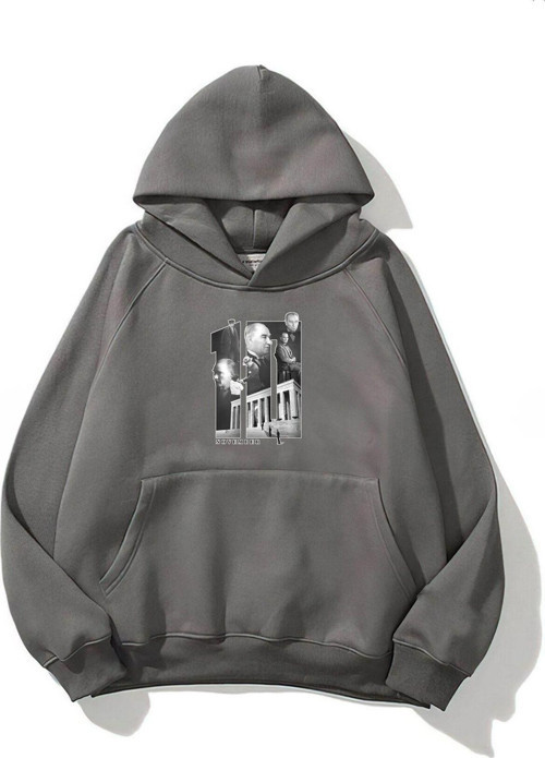 Kapüşonlu Içi Polar Kemal Atatürk 10 Kasım Baskılı Füme Unisex Hoodie Sweatshirt