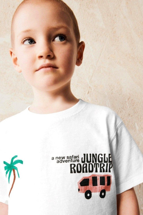 Jungle Roadtrip Yazılı Safari Tasarım Baskılı Beyaz Çocuk T-Shırt
