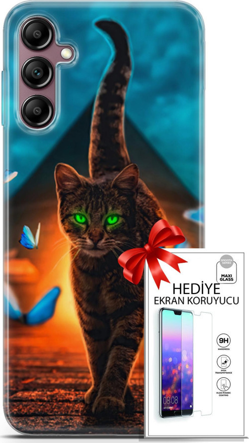Samsung Galaxy A14 5G Kılıf Orijinal Seri Algorand 09 Yeşil Neon Kedi Uv Kılıf Ve Ekran Koruyucu