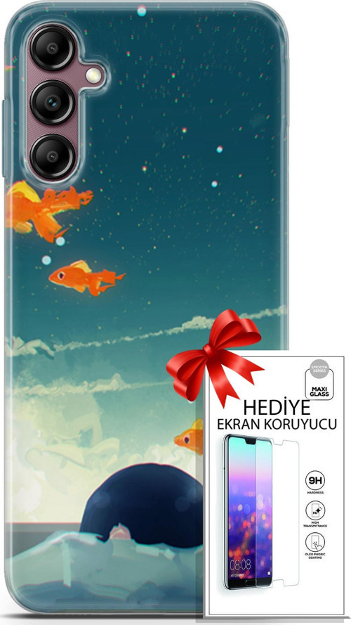 Samsung Galaxy A14 5G Kılıf Orijinal Seri Algorand 29 Uçan Balıklar Leke Tutmaz Kapak + Ekran Koruyucu