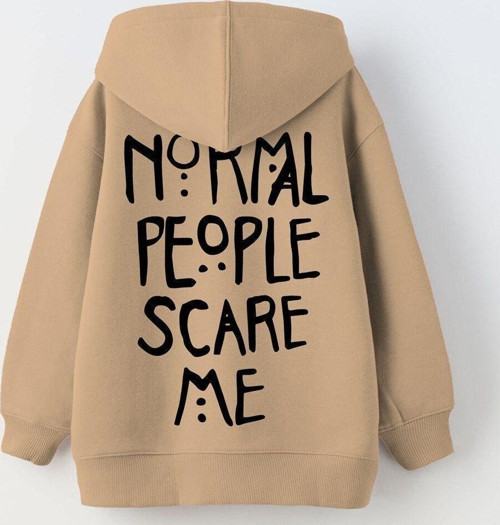 Kapüşonlu Içi Polar Normal People Scare Me Baskılı Bej Unisex Çocuk Hoodie Sweatshirt
