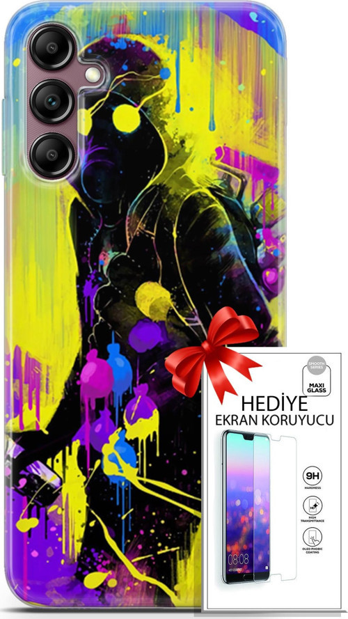 Samsung Galaxy A14 5G Kılıf Orijinal Seri Cardano 19 Sarı Mavi Mor Tam Koruma Kılıf + Ekran Koruyucu