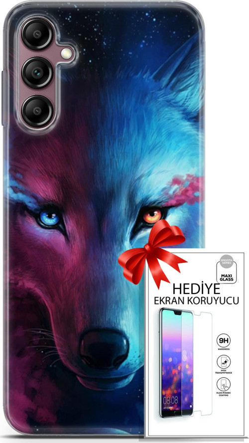 Samsung Galaxy A14 5G Kılıf Orijinal Seri Cardano 18 Mavi Turuncu Göz Parlak Kılıf + Ekran Koruyucu