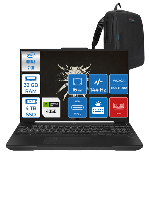 Tuf Gaming F16 FX607VU Intel Core Ultra 5 210H 32GB Ddr5 4tb SSD 6GB/RTX4050/140W Freedos 16" Fhd+ 144Hz IPS Taşınabilir Bilgisayar FXRL141F12 + Zettaçanta