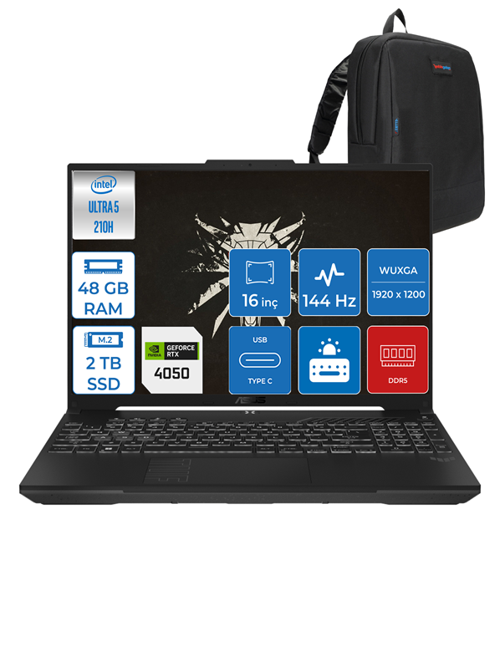 Tuf Gaming F16 FX607VU Intel Core Ultra 5 210H 48GB Ddr5 2tb SSD 6GB/RTX4050/140W WIN11HOME 16" Fhd+ 144Hz IPS Taşınabilir Bilgisayar FXRL141H15 + Zettaçanta