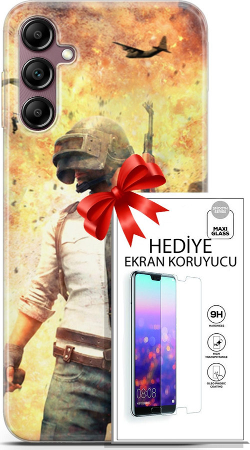 Samsung Galaxy A14 5G Kılıf Orijinal Seri Pubg 29 Uçak Paraşüt Leke Tutmaz Kapak + Ekran Koruyucu