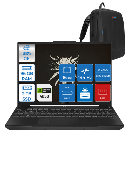 Tuf Gaming F16 FX607VU Intel Core Ultra 5 210H 96GB Ddr5 2tb SSD 6GB/RTX4050/140W Freedos 16" Fhd+ 144Hz IPS Taşınabilir Bilgisayar FXRL141F27 + Zettaçanta