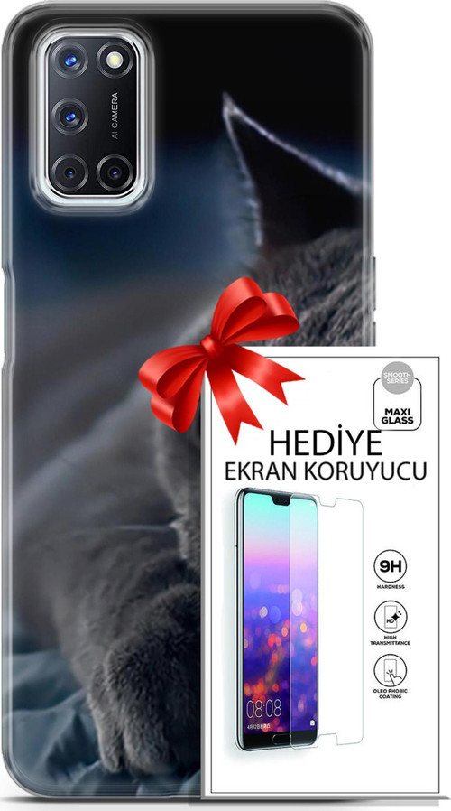Oppo A52 Kılıf Orijinal Seri Scotish-British 20 Yatan Kedi Renkli Kılıf Ekran Koruyucu