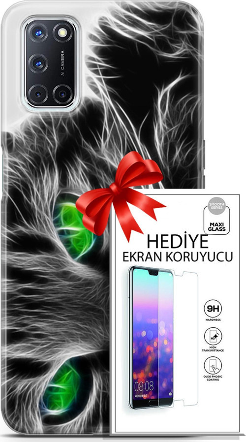 Oppo A52 Kılıf Orijinal Seri Scotish-British 27 Yeşil Gözlü Kedi Lazer Kesim Silikon Ekran Koruyucu