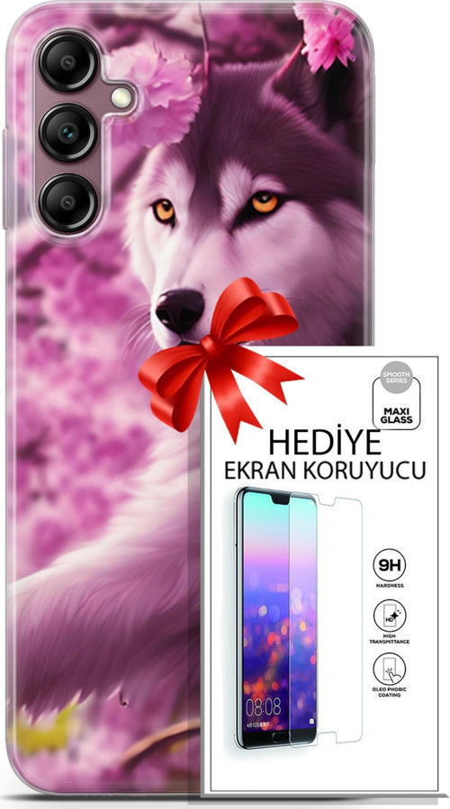 Samsung Galaxy A14 5G Kılıf Orijinal Seri Dogs 02 Çiçekler Ve Kurt Kapak Ve Ekran Koruyucu