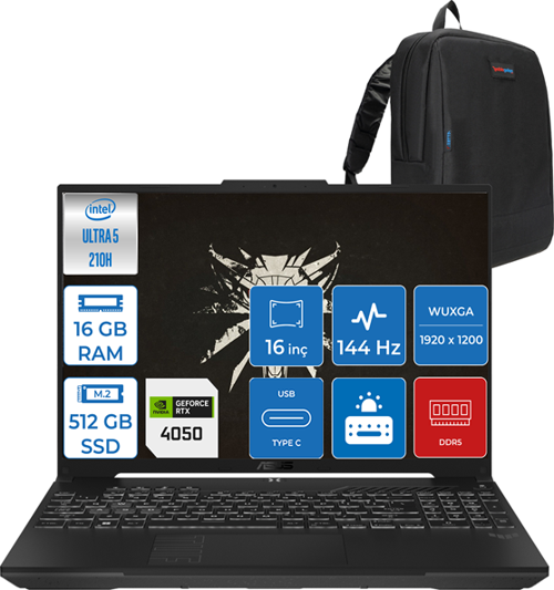 Tuf Gaming F16 FX607VU Intel Core Ultra 5 210H 16GB Ddr5 512GB SSD 6GB/RTX4050/140W WIN11HOME 16" Fhd+ 144Hz IPS Taşınabilir Bilgisayar FXRL141H01 + Zettaçanta