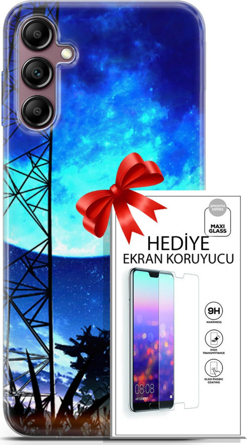 Samsung Galaxy A14 5G Kılıf Orijinal Seri Fantasy 24 Mavi Ay Darbe Emici Kılıf + Ekran Koruyucu