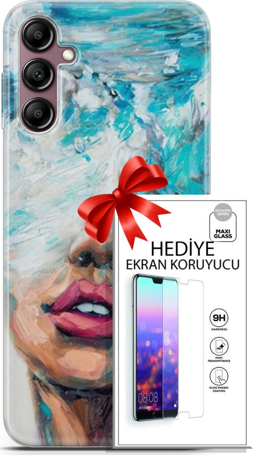 Samsung Galaxy A14 5G Kılıf Orijinal Seri Soul 12 Beyaz Mavi Tasarım Kılıf + Ekran Koruyucu