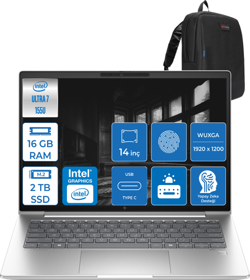 Elitebook 640 G11 Ultra7 155U 16GB Ddr5 2tb SSD 14"' Fhd 400NIT Wuxga Windows 11 Pro Taşınabilir Bilgisayar HA23E2EAP02 + Zettaçanta
