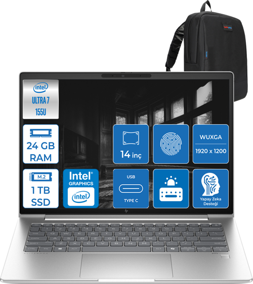 Elitebook 640 G11 Ultra7 155U 24GB Ddr5 1tb SSD 14"' Fhd 400NIT Wuxga Freedos Taşınabilir Bilgisayar HA23E2EA05 + Zettaçanta