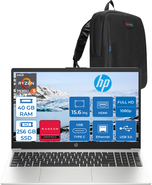 255 G10 Amd Ryzen 5 7530U 40GB 256GB SSD Amd Radeon Grafik Freedos 15.6" Taşınabilir Bilgisayar 9G1G0ETF21 + Zetta Çanta