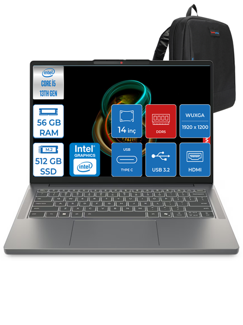 Ideapad Slim 3 Intel Core I5 13420H 56GB Ddr5 512GB SSD Intel® UHD Graphics WIN11HOME 14" Wuxga IPS Taşınabilir Bilgisayar 3S15IRH10H13 + Zettaçanta