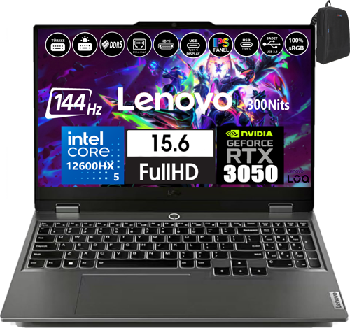 Loq 15IAX9 Intel Core I5 12600HX 24GB Ddr5 512GB SSD 6GB/RTX3050 WINDOWS11HOME 15.6" 144Hz Fhd IPS 300NIT Taşınabilir Bilgisayar 883GS00PDTR21+WEBLEGELSINÇANTA