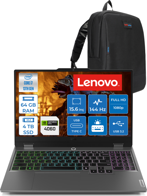 Loq 15IRX9 Intel Core I7 13650HX 64GB Ddr5 4tb SSD RTX4060 8gb 115W 15.6" Fullhd 144HZ 300NITS IPS Freedos Taşınabilir Bilgisayar 83DV011HTRF24 + Zetta Çanta