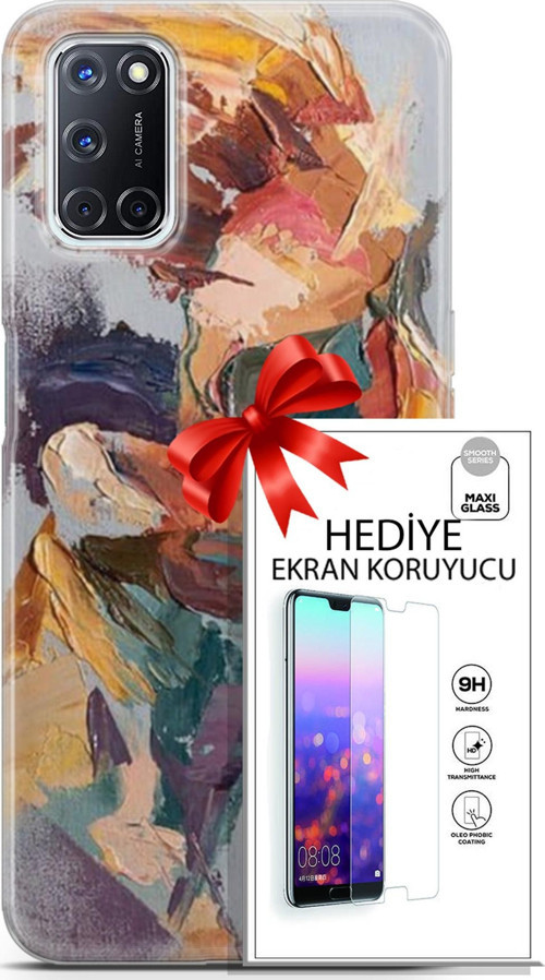 Oppo A52 Kılıf Orijinal Seri Soul 04 Soyut Silikon Kılıf + Ekran Koruyucu Full Korumaketi