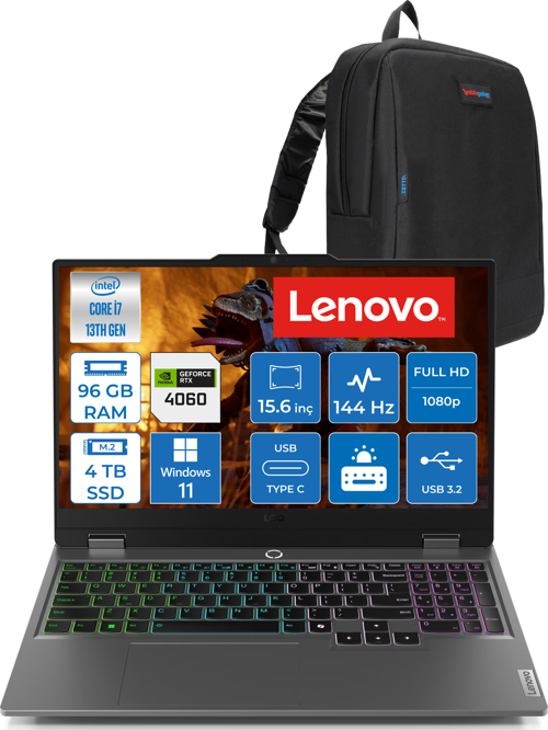 Loq 15IRX9 Intel Core I7 13650HX 96GB Ddr5 4tb SSD RTX4060 8gb 115W 15.6" Fullhd 144HZ 300NITS IPS Windows 11 Home Taşınabilir Bilgisayar 83DV011HTRH28 + Zetta Çanta