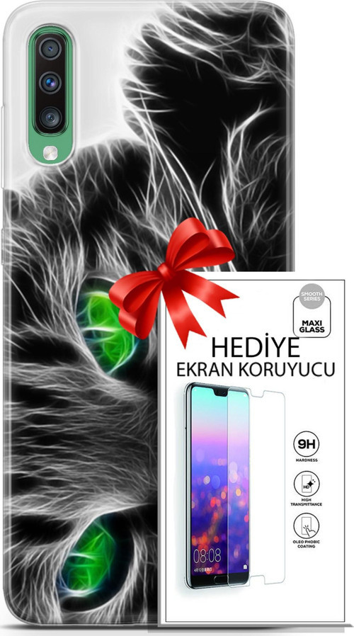 Samsung Galaxy A50 Kılıf Orijinal Seri Scotish-British 27 Yeşil Gözlü Kedi Lazer Kesim Silikon Ekran Koruyucu