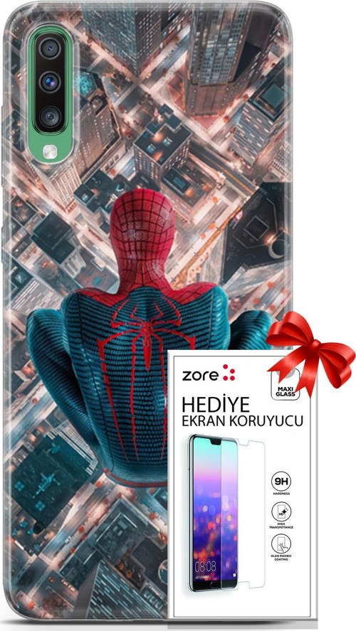 Samsung Galaxy A50 Kılıf Orijinal Seri Supers 07 Spider Man Newyork Desenli Kılıf + Ön Ekran Koruyucu