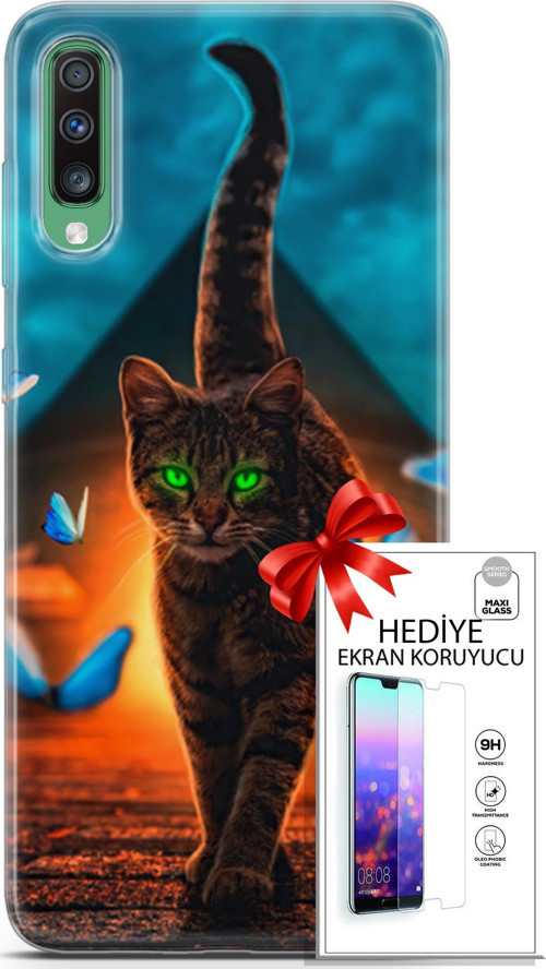 Samsung Galaxy A50 Kılıf Orijinal Seri Algorand 09 Yeşil Neon Kedi Uv Kılıf Ve Ekran Koruyucu