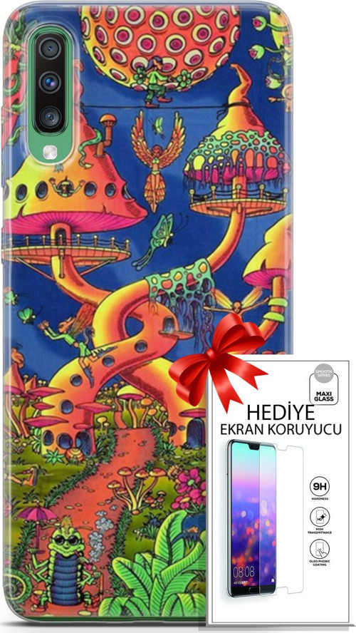 Samsung Galaxy A50 Kılıf Orijinal Seri Cardano 05 Mantar Evler Koruma Kılıfı + Ekran Koruyucu