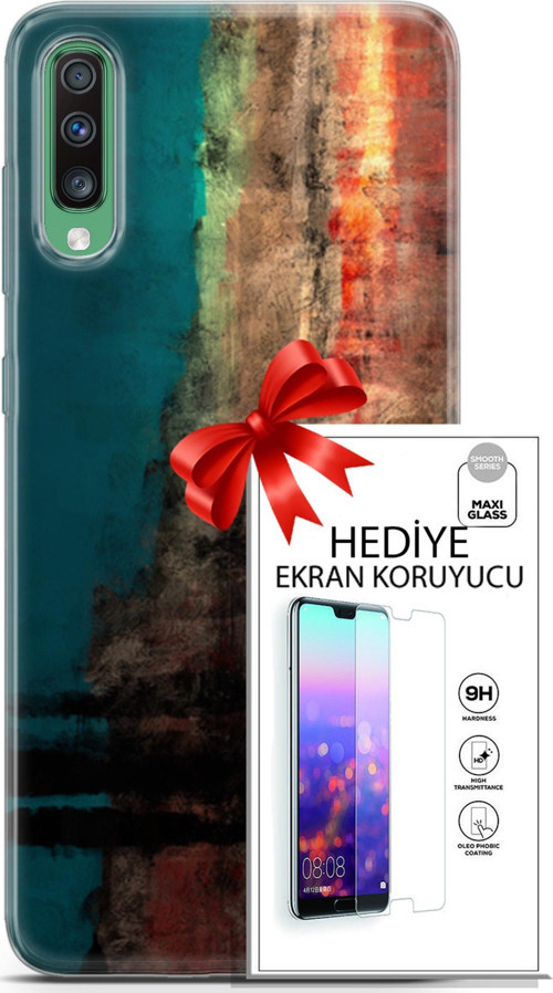Samsung Galaxy A50 Kılıf Orijinal Seri Nature 03 Yeşil Turuncu Taş Arka Kapak + Ekran Koruyucu